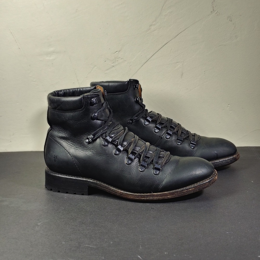 Frye Boots Mens 10 Black Bowery Hiker Leather Lace Up Lug Sole Ankle Boot